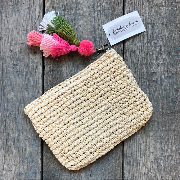 FUNKY MONKEY Raffia Tassel Detail Clutch Purse Natural Woven Flower Lined NWT - Picture 2 of 4